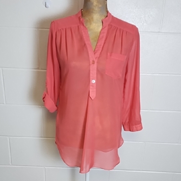 A. Byer Coral Sheer Tangerine 1/2 Button-Up Blouse 3/4 Roll tab Sleeves - Picture 4 of 11